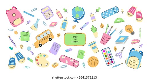 School Supplies in Flat Style. Back to school. Books, Globe, Backpack, Stationery. Kids Vector Illustration in Doodle Style. Education Art Supplies and School Stationery, Cartoon, School Bus, Board.