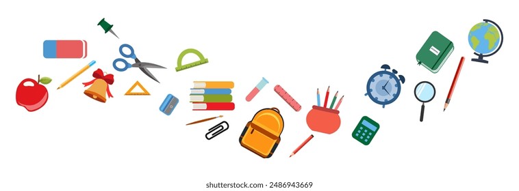 School supplies flat vector border. Back to school concept. Back to school background or frame with school supplies. Ruler, notebook, watercolor , crayons,backpack,pen, globe,book,pencil,brush,rubber.