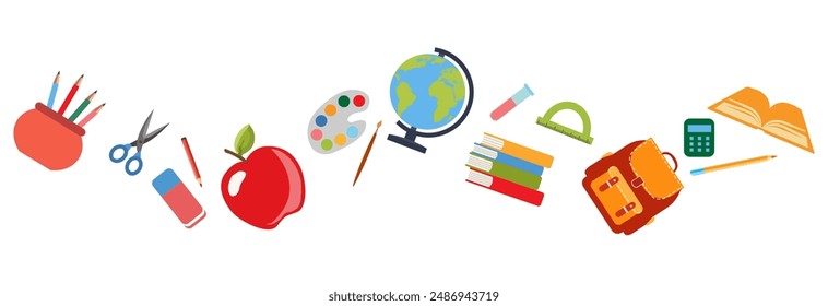 School supplies flat vector border. Back to school concept. Back to school background or frame with school supplies. Ruler, notebook, watercolor , crayons,backpack,pen, globe,book,pencil,brush,rubber.