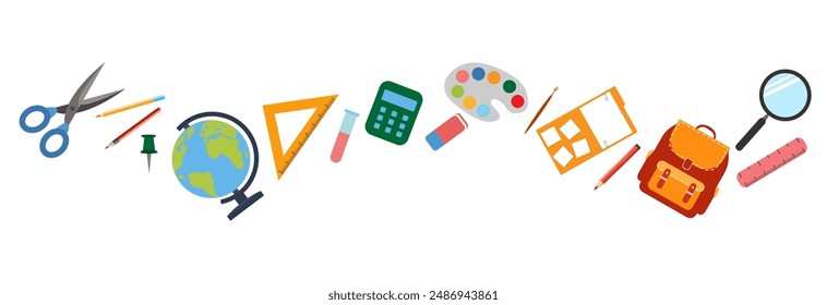 School supplies flat vector border. Back to school concept. Back to school background or frame with school supplies. Ruler, notebook, watercolor , crayons,backpack,pen, globe,book,pencil,brush,rubber.