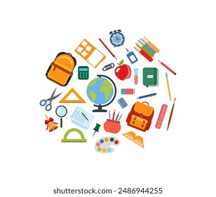 School supplies flat vector border. Back to school concept. Back to school background or frame with school supplies. Ruler, notebook, watercolor , crayons,backpack,pen, globe,book,pencil,brush,rubber.