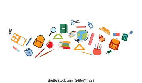 School supplies flat vector border. Back to school concept. Back to school background or frame with school supplies. Ruler, notebook, watercolor , crayons,backpack,pen, globe,book,pencil,brush,rubber.