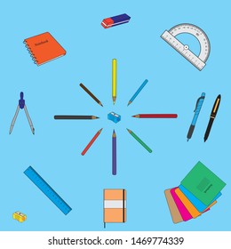 School supplies. Flat vector icon. Isolated on a blue background. School, business concept. Banner, postcardSchool supplies. Flat vector icon. Isolated on a blue background. School, business concept. 