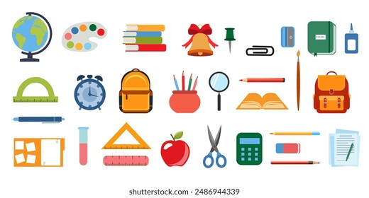 Iconos planos del vector de los suministros escolares. Concepto de regreso a la escuela. Regla, cuaderno, acuarela , crayones, mochila, pluma, globo, libro, lápiz, pincel, goma.