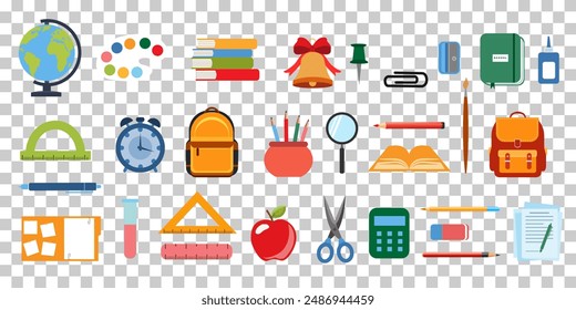  School supplies flat vector icons isolated on transparent background. Back to school concept. Ruler, notebook, watercolor , crayons,backpack,pen, globe,book,pencil,brush,rubber.