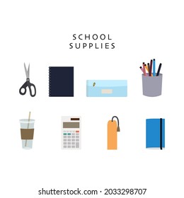 School supplies flat vector illustration. Notebook, bookmarks, pencils, pet, calculator, cup, scissors.