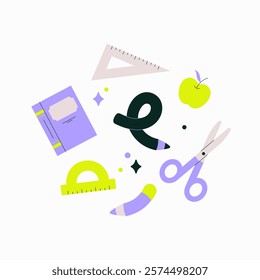 School Supplies In Flat Vector Illustration Symbolizing Education, Creativity, And Learning, Isolated On White Background