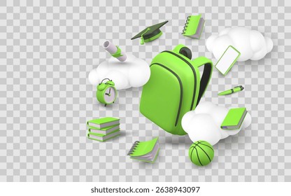 School Supplies Flying Around Backpack in Cloudy Sky, Including Books, Alarm Clock, and Graduation Cap. Fun Back to School Concept. Vector Illustration.
