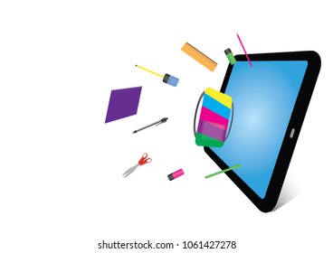 School supplies flying from tablet