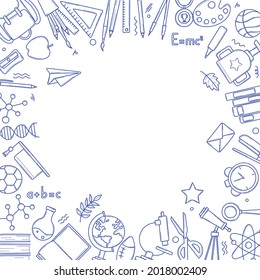 School supplies frame in doodle style. Back to school, sale square banner template in hand drawn sketch. Pen, globe, backpack, ruler, book, brush. Vector illustration isolated on white background