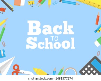 School supplies frame for flyer or poster template, vector illustration