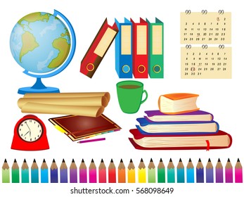 School supplies: globe, folders, calendar, card, diary, alarm clock, pencils, books. 