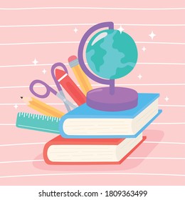 school supplies globe map books scissors crayon pencil and ruler vector illustration
