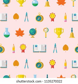 School supplies. Globe, open book, pencil, gold Cup, compass, compass. Design elements on a white background. Colorful seamless patterns on the theme of education, school, autumn. 