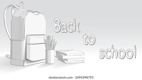 school supplies with a gray backpack on a white background, ideal for bright Back to School advertisements, promotional banners. Vector 3D illustration.