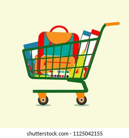 School supplies  in a green supermarket cart. Vector illustration