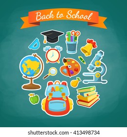 School supplies and greeting text. Bright background for education topic. Vector composition.