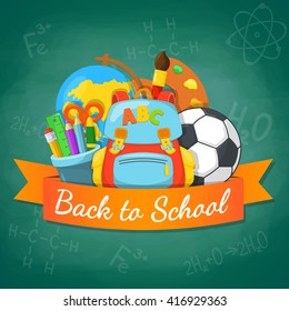 School supplies and greeting text. Bright background for education topic. Vector composition.