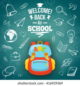 School supplies and greeting text. Bright background for education topic. Vector composition.