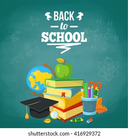 School supplies and greeting text. Bright background for education topic. Vector composition.