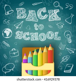 School supplies and greeting text. Bright background for education topic. Vector composition.