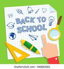 School supplies and greeting text. Bright background for education topic. Notebook and hand writing imitation.