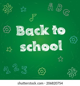 School supplies, hand drawn in chalk on a green chalkboard. Inscription "back to school" in the center.