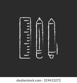 School supplies hand drawn in chalk on a blackboard vector white icon isolated on a black background.