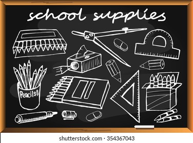 School supplies hand drawn on blackboard. Vector illustration.