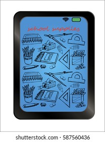 School supplies hand drawn on background plate . Vector illustration.