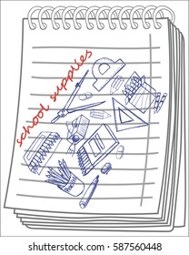 School supplies hand drawn on notebook background . Vector illustration.