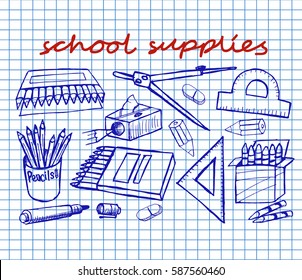 School supplies hand drawn on copybook background . Vector illustration.