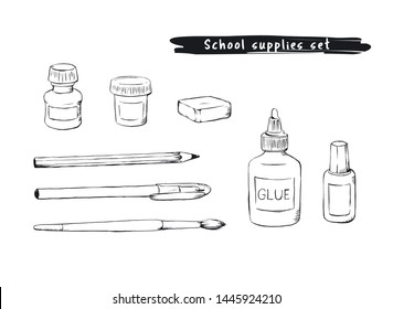 School supplies hand drawn sketches set isolated pen pencil paint glue eraser ink