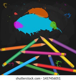 School supplies with heap of realistic colorful pencils isolated on black chalkboard background with paint splashes and splatter. Back to school design element for banner, poster, flyer