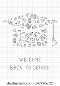 School supplies icon arrange as graduation hat shape, vector illustration