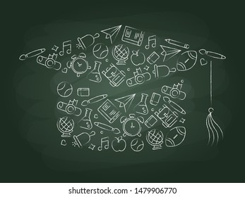 School supplies icon arrange as graduation hat shape, vector illustration