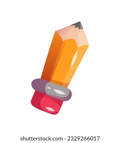 School supplies icon. Colorful graphite pencil element with eraser for game user interface design. Isometric realistic sticker with stationery. 3d flat vector illustration isolated on white background