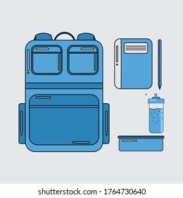 school supplies icon consists of bags, books, pencils, food and beverage supplies from home