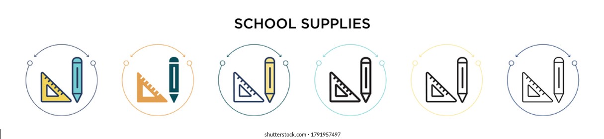 Icono de suministros escolares en el estilo relleno, delgado, contorno y trazo. Ilustración vectorial de dos suministros escolares de color y negro se pueden utilizar diseños de iconos vectores para móviles, ui, web