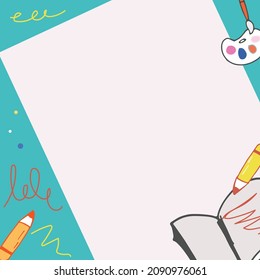 school supplies icon. hand drawn vector. blank paper, book, pencil, crayon, paint brush and palette illustration. colorful, education background. doodle art for wallpaper, memo, frame, border, poster.