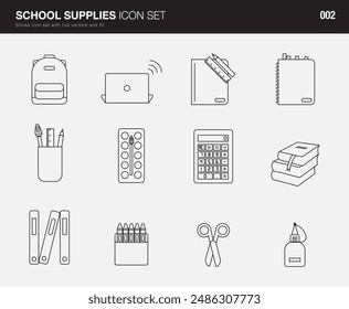 School Supplies Icon Set. Set of 12 icons with live, editable vector stroke