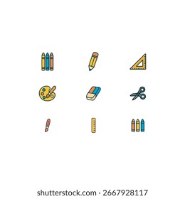 Conjunto de iconos de útiles escolares: 9 iconos vectoriales planos de lápices, crayones, tijeras y borrador para Educación y creatividad