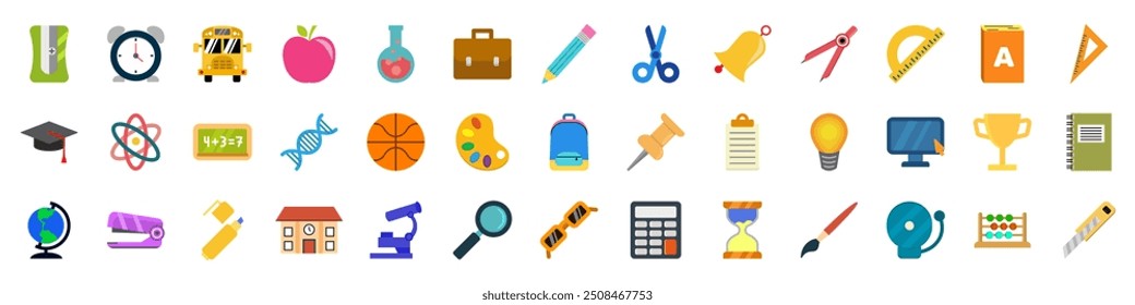 School supplies icon set. Back to school. Cartoon style.