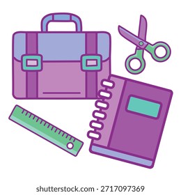 Conjunto de iconos de útiles escolares para campañas de regreso a la escuela y proyectos de diseño de Educación. Conjunto de iconos de Vector de útiles escolares con mochila, cuaderno, tijeras y Regla. Concepto Vector con mochila escolar, cuaderno, tijeras y Regla.
