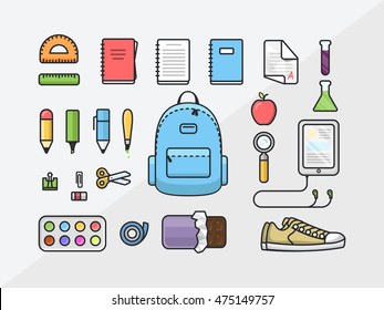 School supplies icon set, back to school outline illustration, flat design template of educational kit