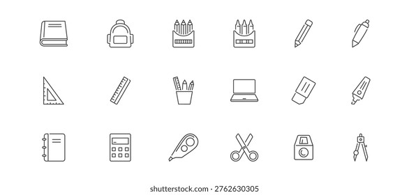 School Supplies Icon set containing book, backpack, coloured pencils, crayon, pencil, pen, triangle ruler, ruler, stationary, laptop, eraser, highlighter pen, note vector icons