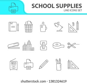 School supplies icon set. Line icons collection on white background. Pencil, document, workplace. Stationary concept. Can be used for topics like education, office, homework 