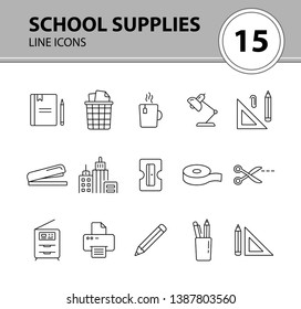 School supplies icon set. Line icons collection on white background. Pencil, document, workplace. Stationary concept. Can be used for topics like education, office, homework 