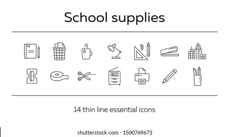 School supplies icon set. Line icons collection on white background. Pencil, document, workplace. Stationary concept. Can be used for topics like education, office, homework