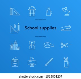 School supplies icon set. Line icons collection on white background. Pencil, document, workplace. Stationary concept. Can be used for topics like education, office, homework